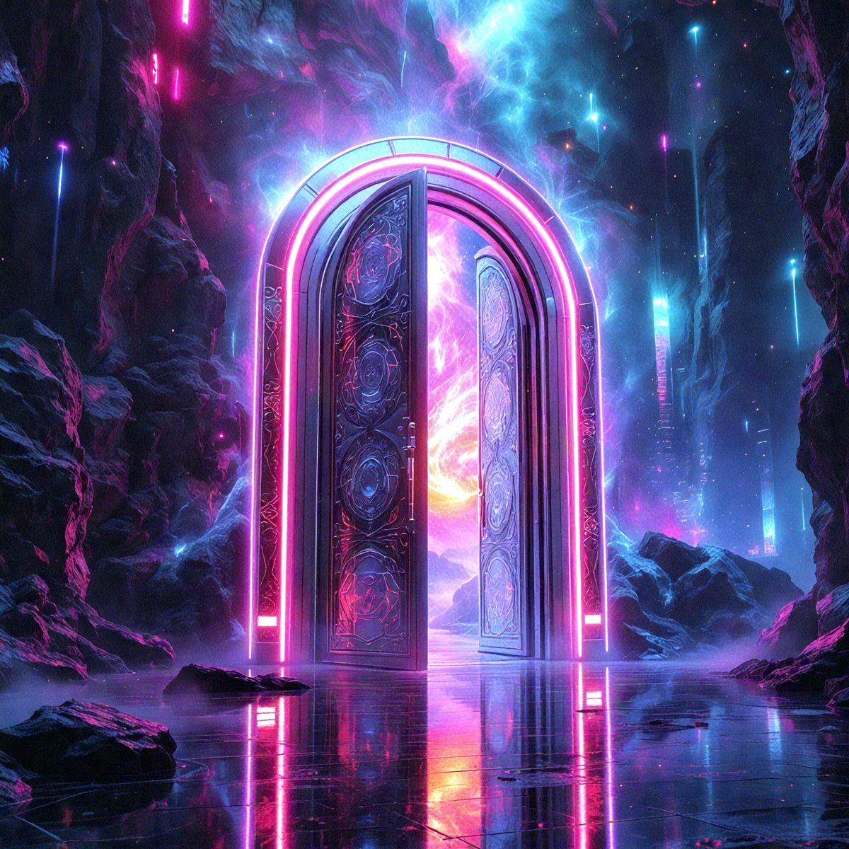 The primary subject of the image is a large, colorful doorway with a purple and pink glow. The doorway is situated in a cave-like setting, with a backdrop of a purple sky. The visual style of the image is digital art, as it appears to be a computer-generated or digitally rendered scene. The dominant colors in the image are purple and pink, creating a vibrant and lively atmosphere.
